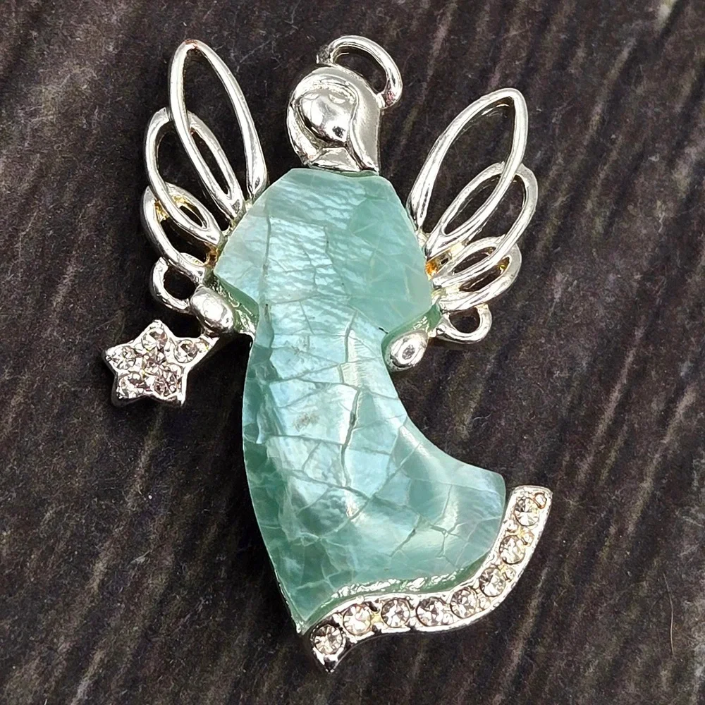 Liz Claiborne LC Vintage Angel Brooch Silver Tone Green Crackle Glass Rhinestone